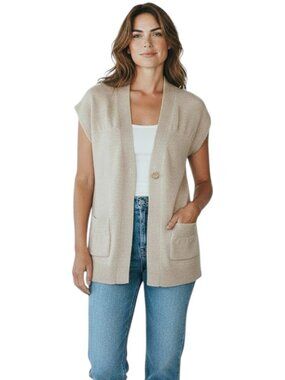 Beth Bowley Wool Cardigan Sweater Tunic Minimalist Neutral Oatmeal Beige Small